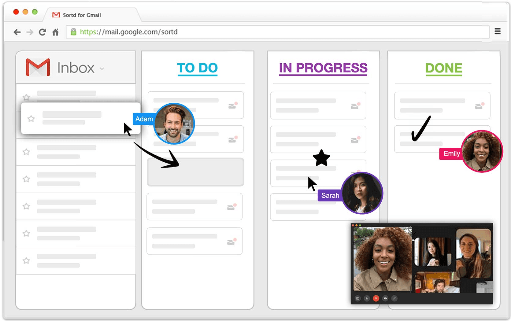 Sortd plugin interface showing Gmail inbox transformed into a visual Kanban board with drag-and-drop email task cards