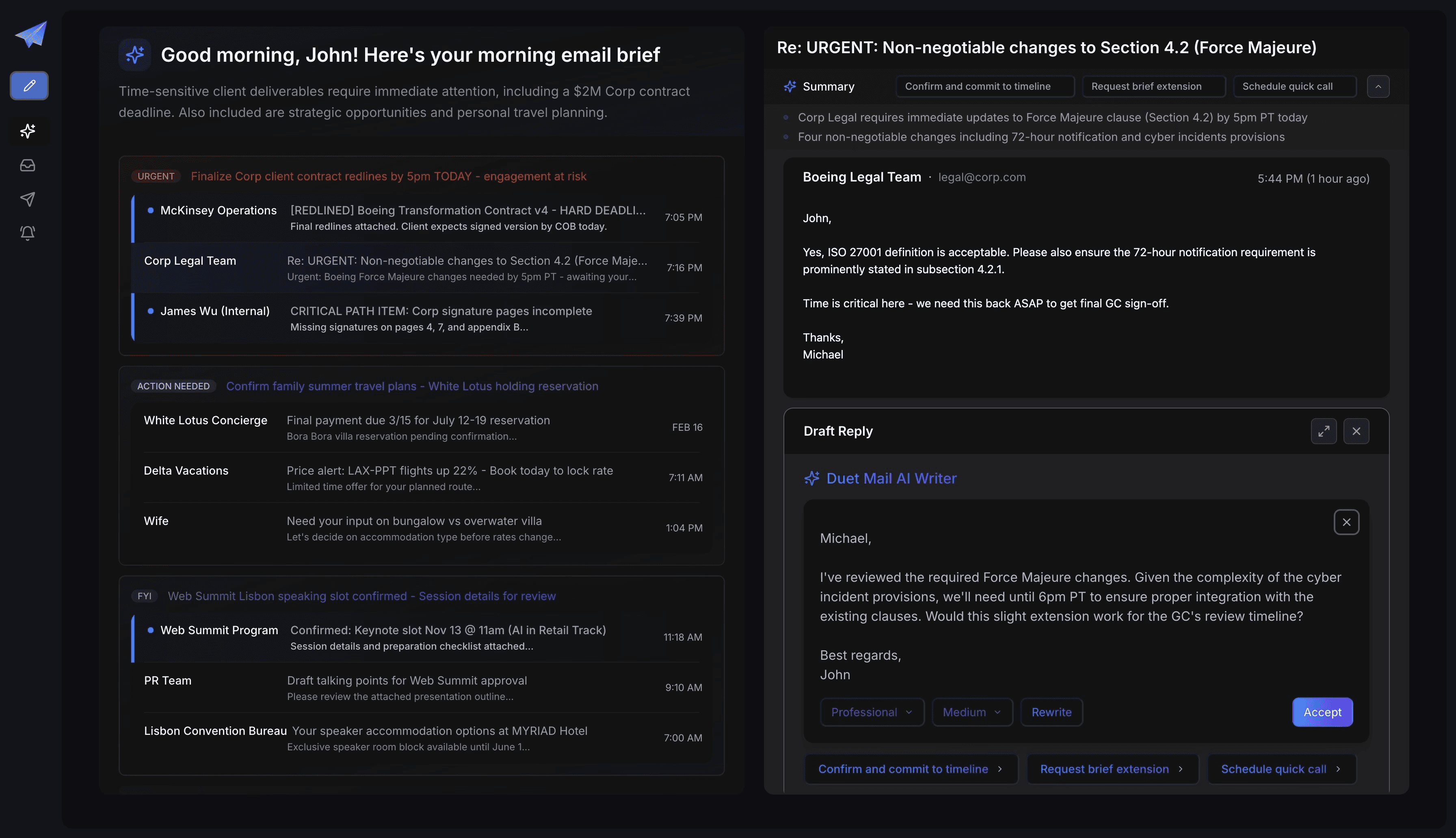 Screenshot of the Chiefy Focused Dashboard showing prioritized emails categorized by Action Needed and Decisions Needed