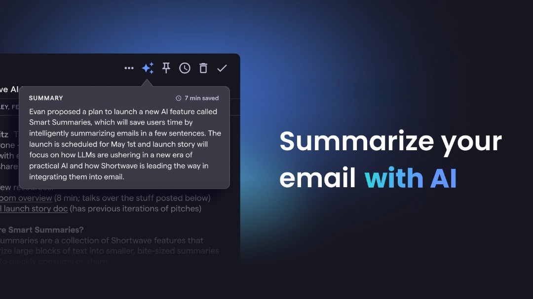 Screenshot showing Chiefy's smart email summarization feature condensing a long email thread into key points and action items
