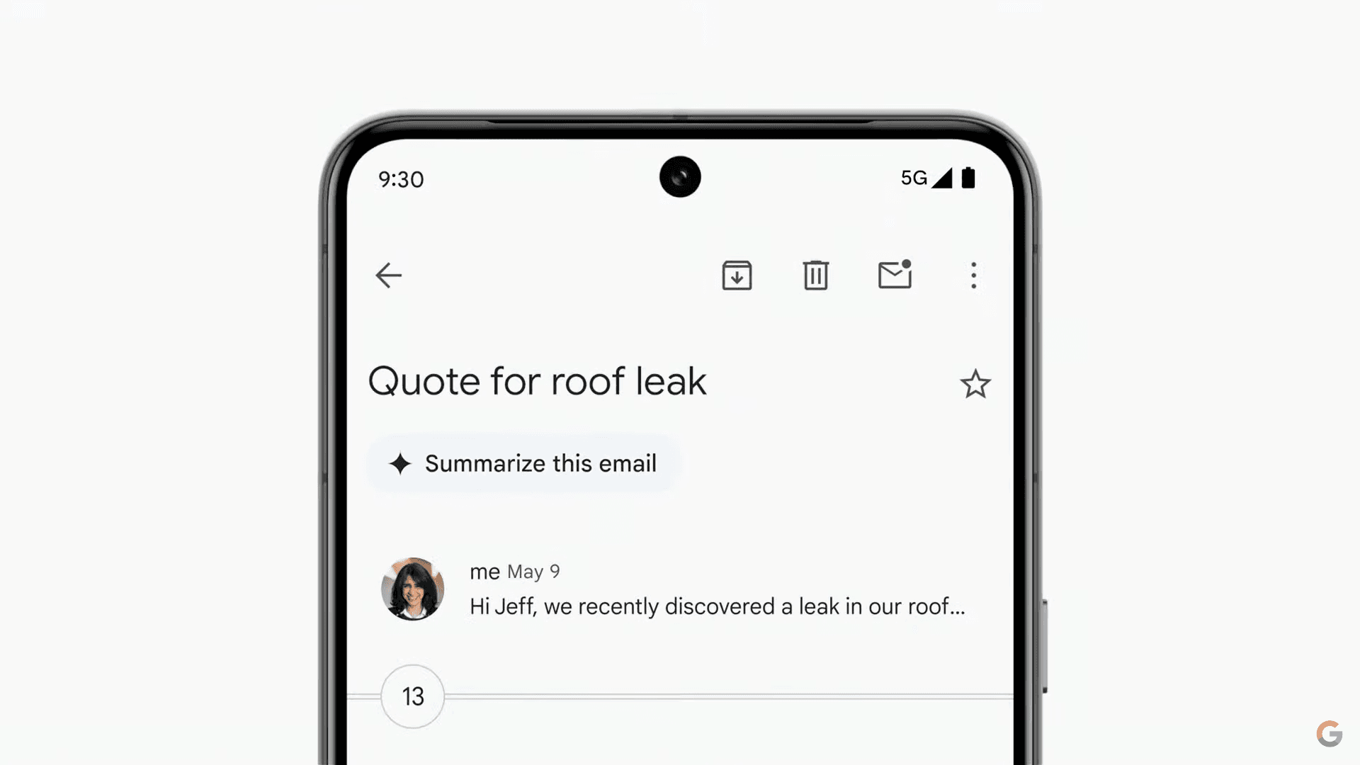 Gmail email view highlighting the 'Summarize this email' button below the subject line