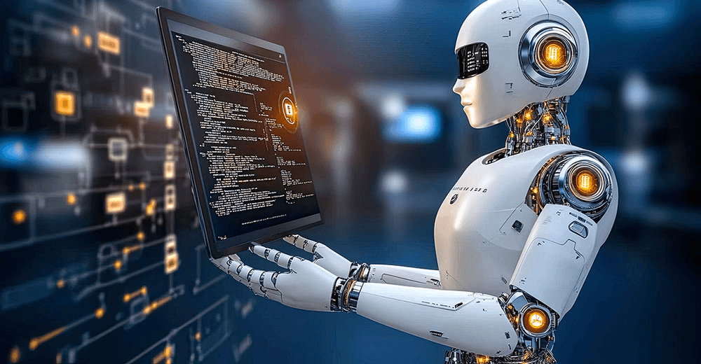 Illustration depicting an AI robot intelligently sorting and prioritizing emails on a sleek, futuristic computer interface